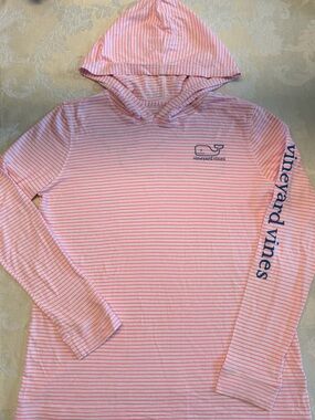 Vineyard Vines Pink & White Striped Hooded Long Sleeve Tee Size L - 14